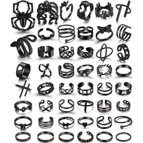 Black Rings for Men Women Girls, Goth Punk Rings Set Cool Gothic Adjustable Ring - Picture 1 of 7